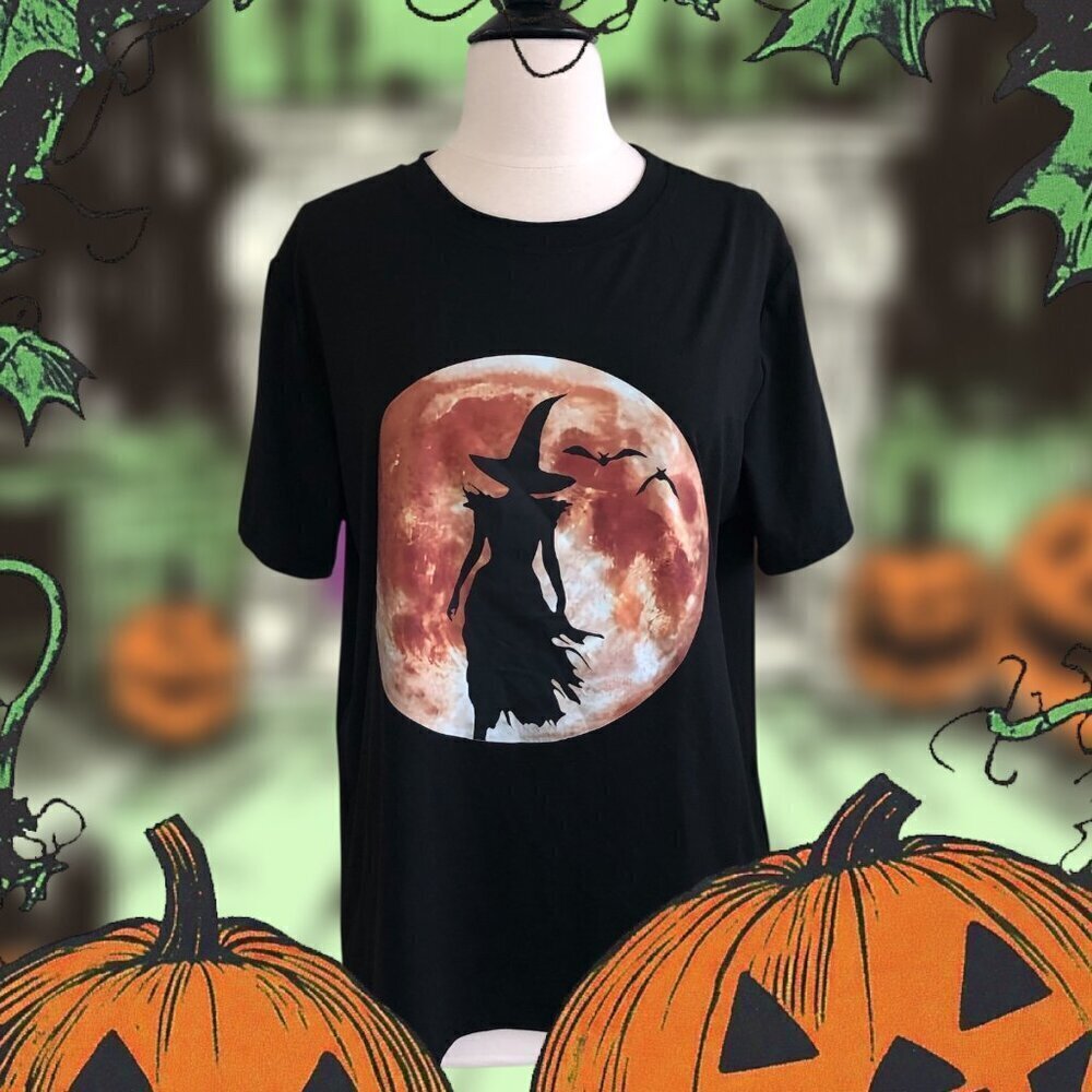 Halloween Witch Silhouette Black T-Shirt XL NWOT Full Moon and Bats